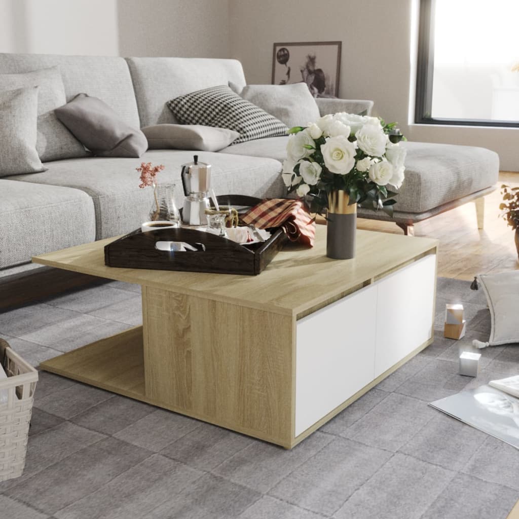 Salongbord Sofabord Hvit og Sonoma Eik 80x80x31 cm