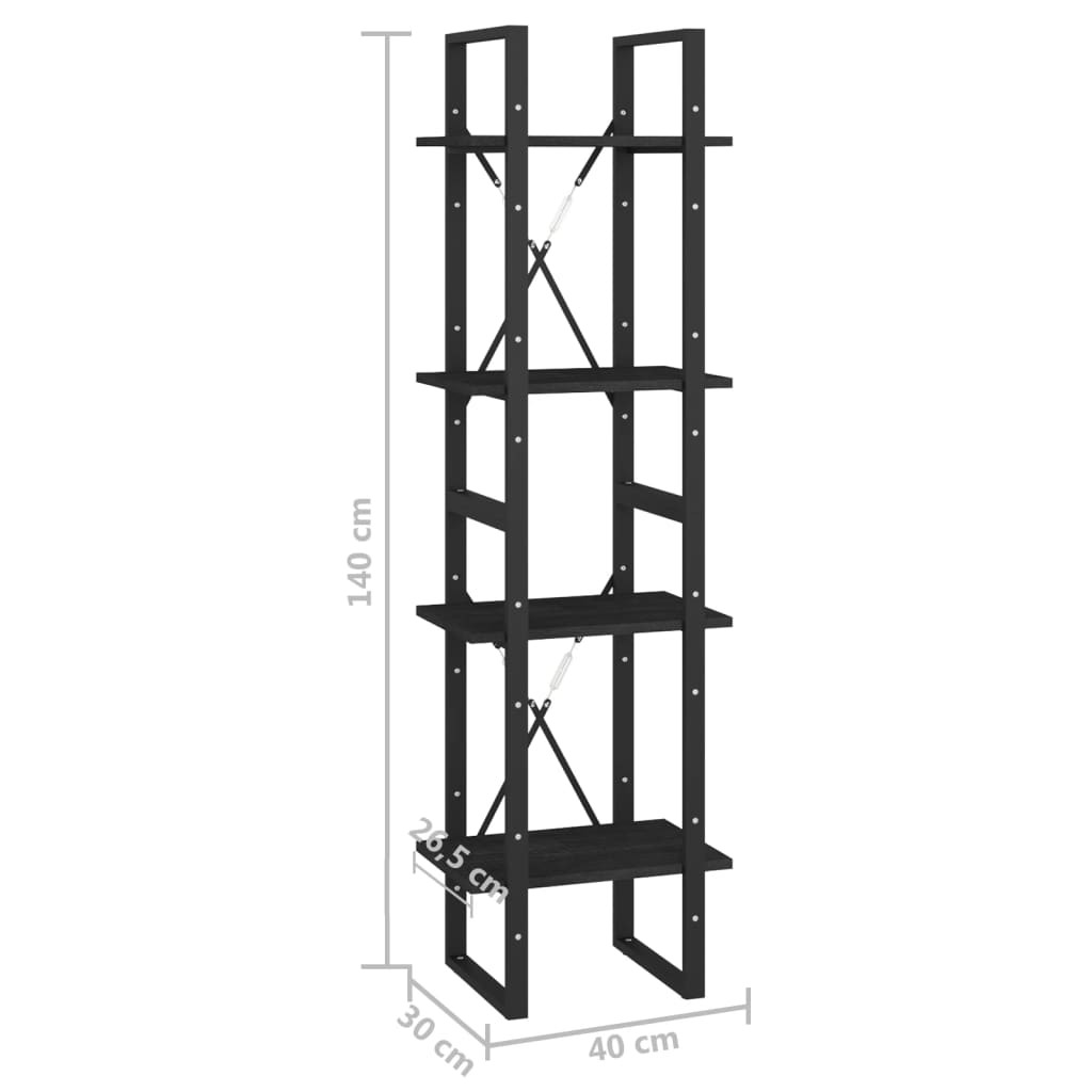 Bokhylle Svart 4 nivåer 40x30x140 cm heltre furu