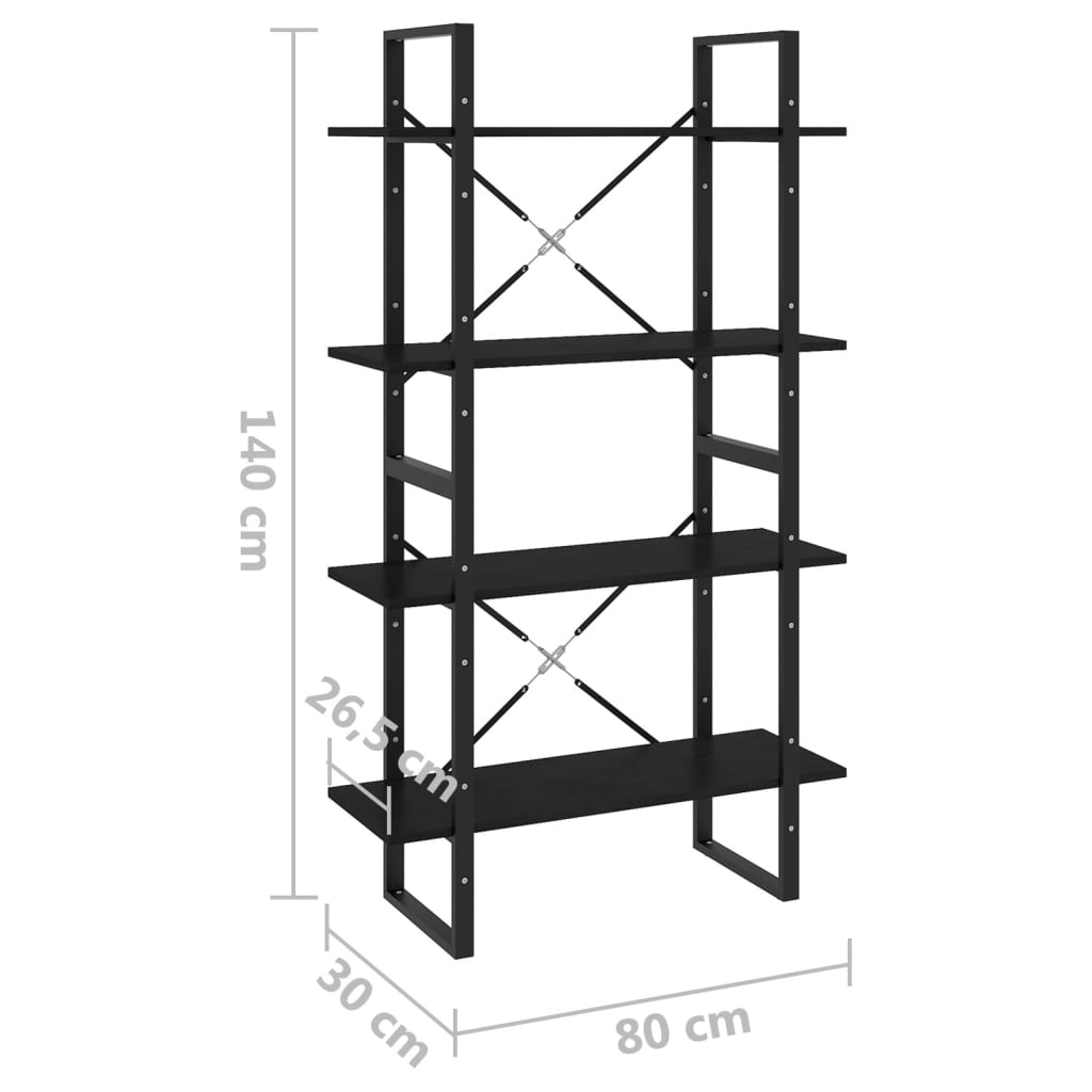 Bokhylle Svart 4 nivåer 80x30x140 cm heltre furu