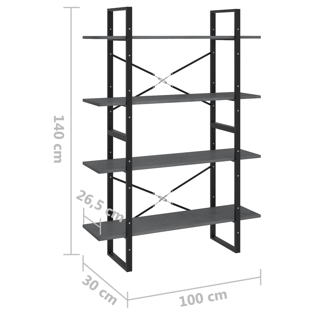 Bokhylle Grå 4 nivåer 100x30x140 cm heltre furu