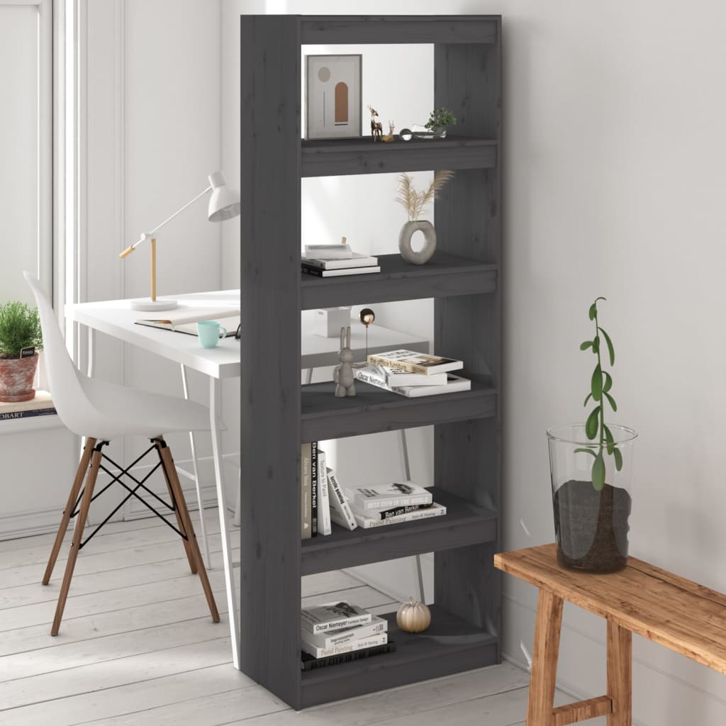 Bokhylle Grå Romdeler 60x30x167,5 cm heltre furu