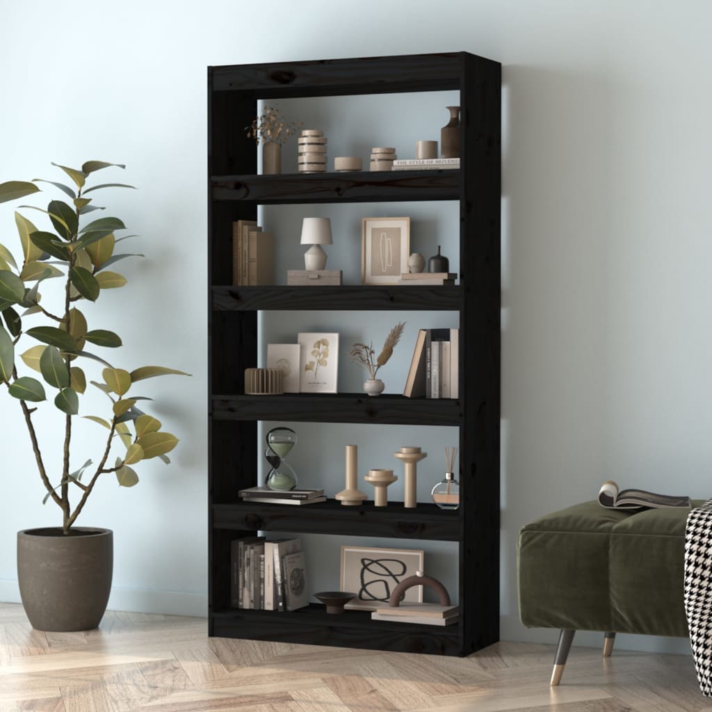 Bokhylle Svart Romdeler 80x30x167,4 cm heltre furu