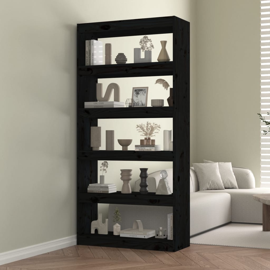 Bokhylle Svart Romdeler 80x30x167,4 cm heltre furu