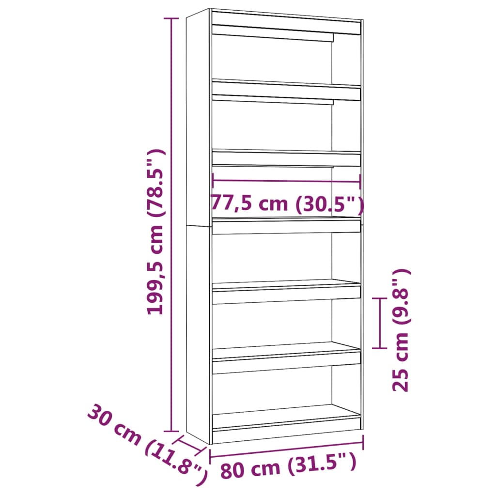 Bokhylle Hvit Romdeler 80x30x199,5 cm heltre furu