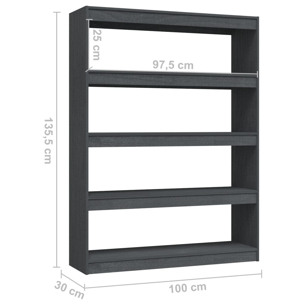 Bokhylle Grå Romdeler 100x30x135,5 cm heltre furu