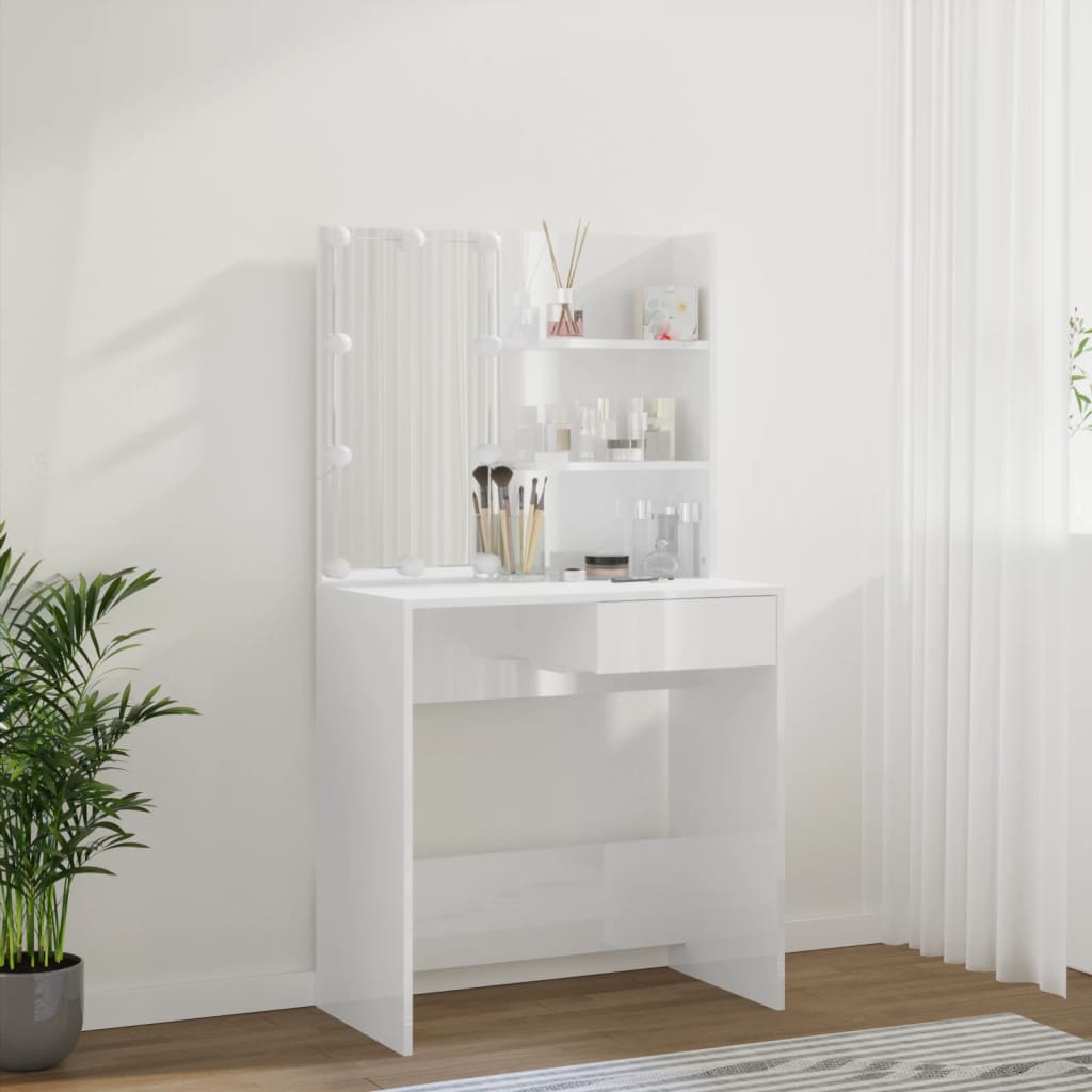 Sminkebord Høyglans Hvit LED 74,5x40x141 cm