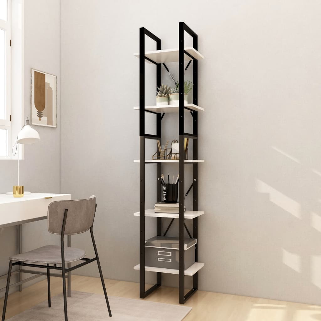 Bokhylle Svart Hvit 5 etasjer 40x30x175 cm heltre furu