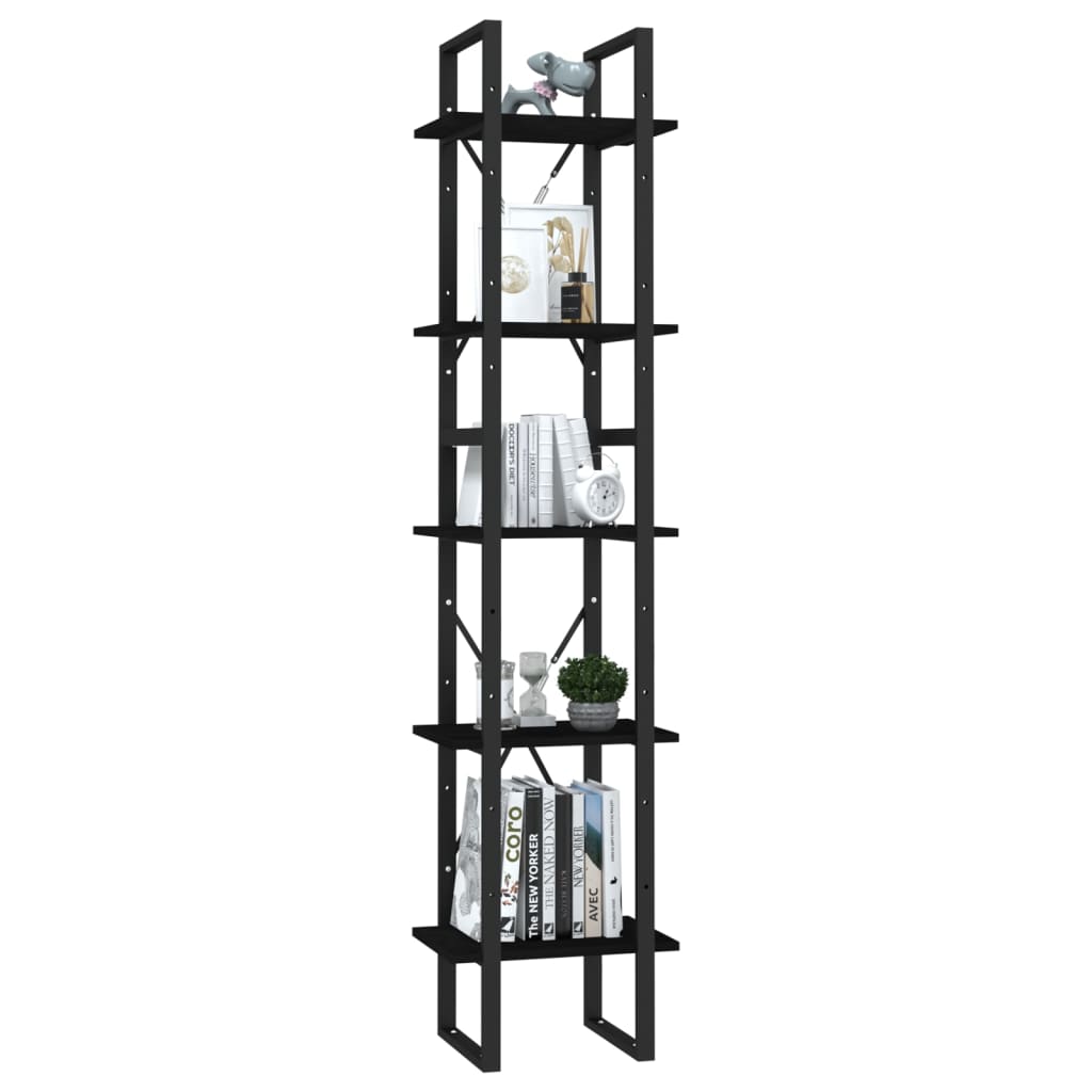 Bokhylle Svart 5 etasjer 40x30x175 cm heltre furu