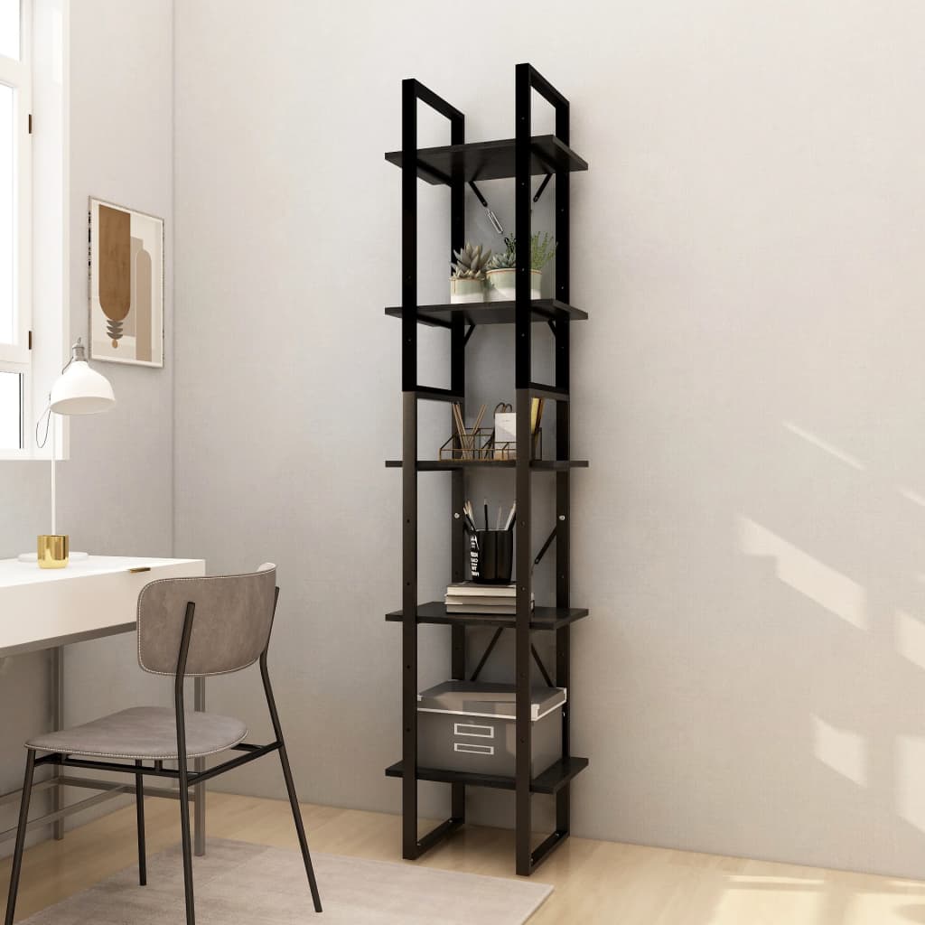 Bokhylle Svart 5 etasjer 40x30x175 cm heltre furu