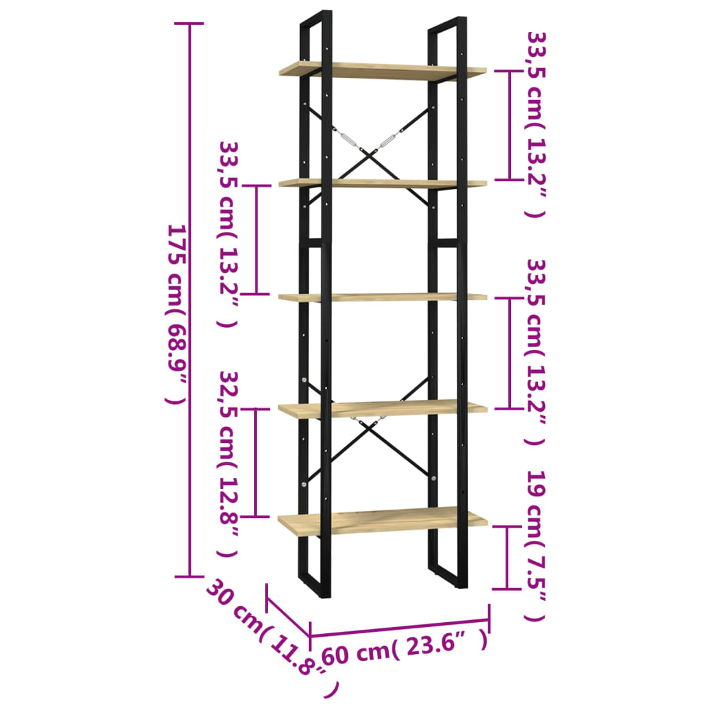 Bokhylle Tre 5 nivåer Brun 60x30x175 cm heltre furu