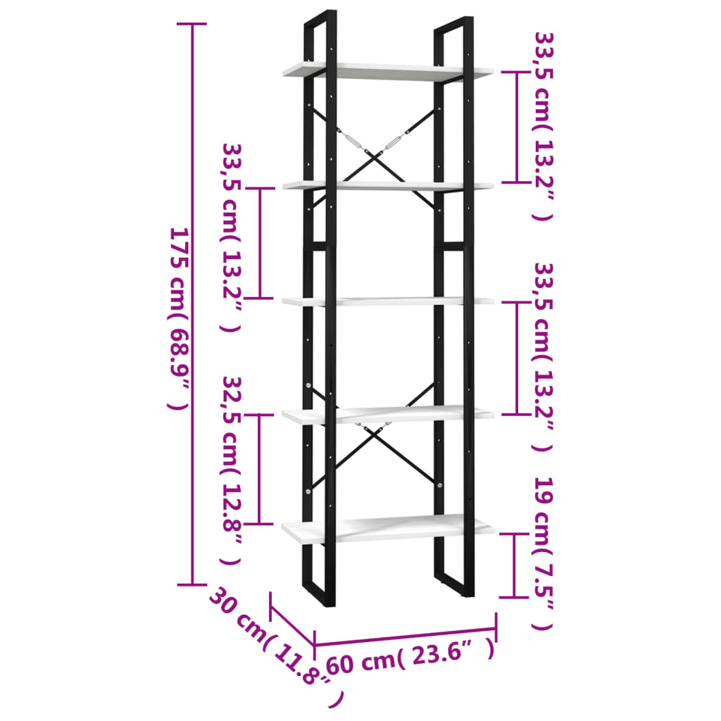 Bokhylle Svart Hvit 5 nivåer 60x30x175 cm heltre furu