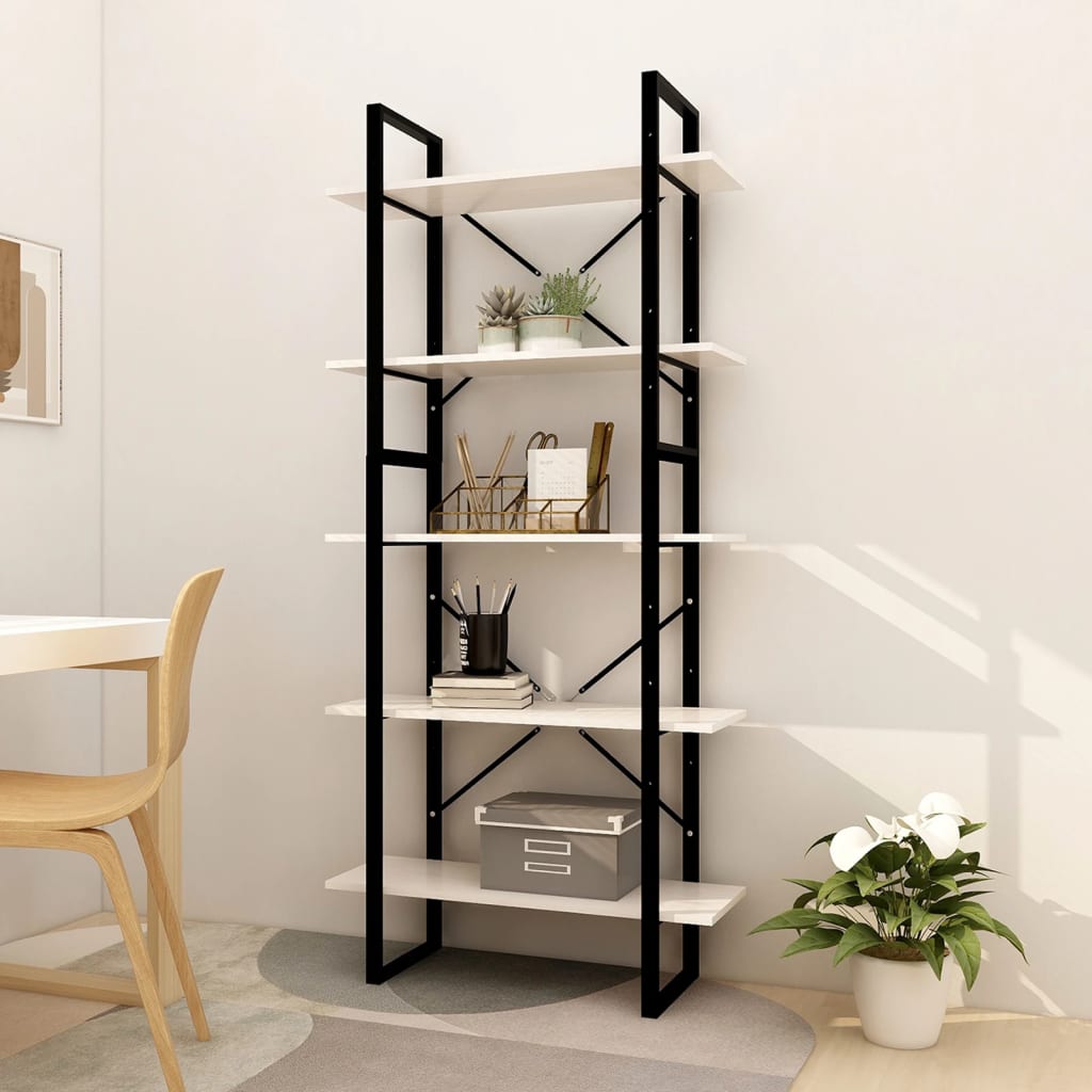 Bokhylle Svart Hvit 5 nivåer 80x30x175 cm heltre furu