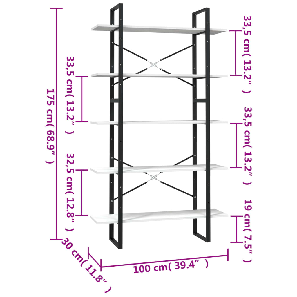 Bokhylle Svart Hvit 5 nivåer 100x30x175 cm heltre furu