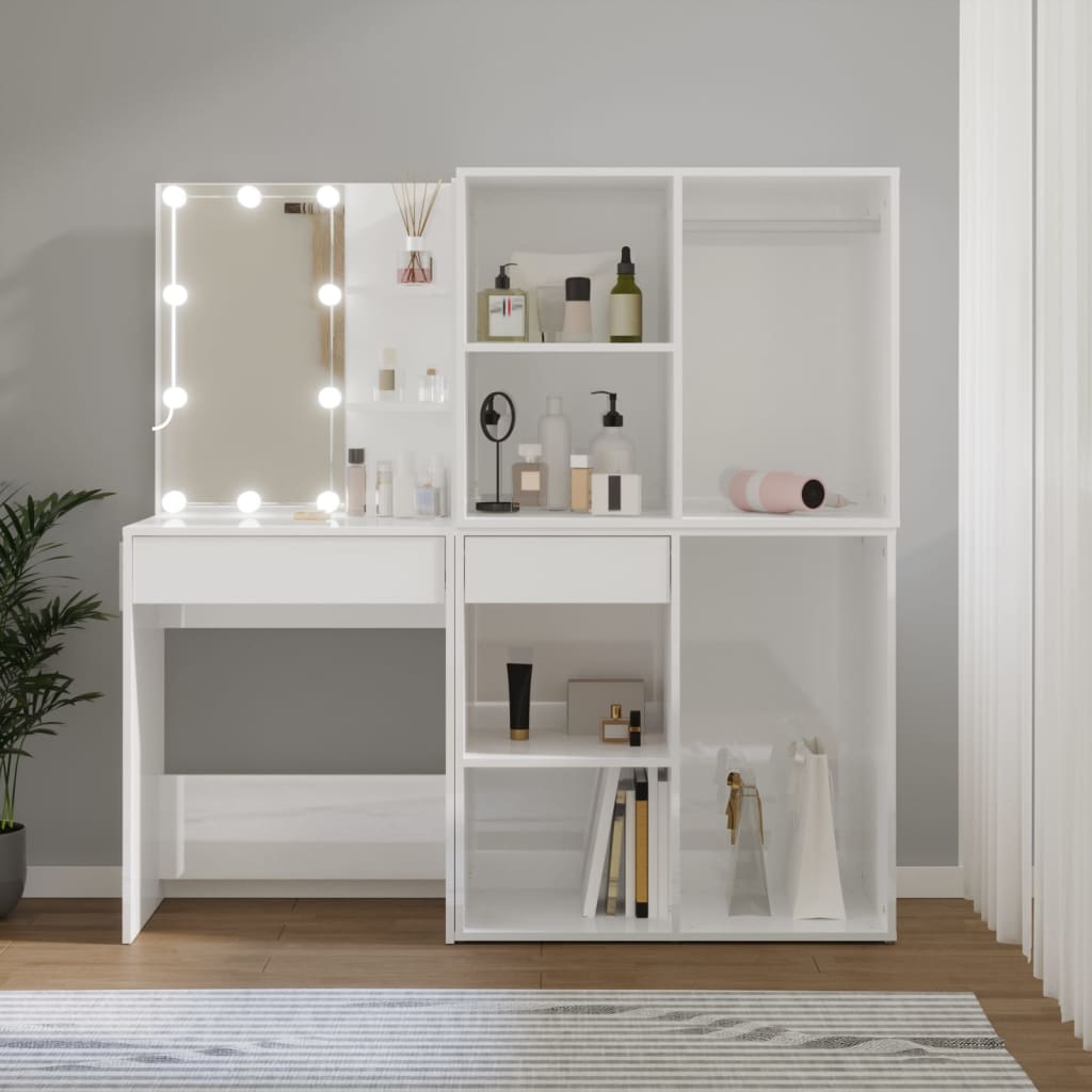 Sminkebord Høyglans Hvit LED 2 skap