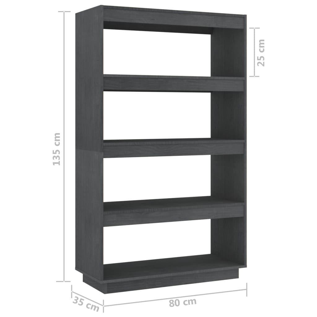 Bokhylle Grå Romdeler 80x35x135 cm heltre furu