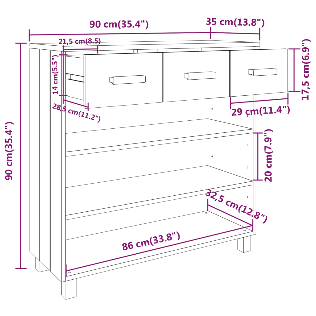 Avlastningsbord Konsollbord Tre HAMAR Honningbrun 90x35x90 cm heltre furu