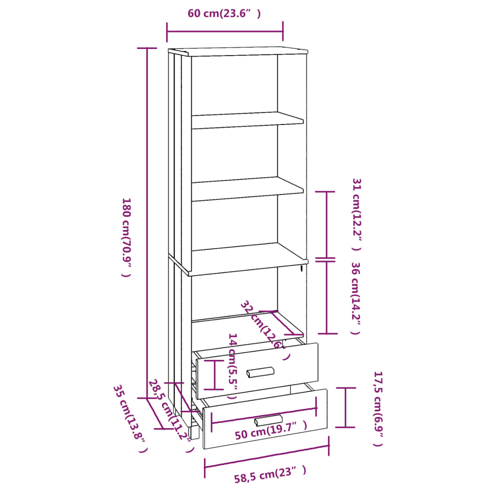 Skap honningbrun HAMAR 60x35x180 cm heltre furu