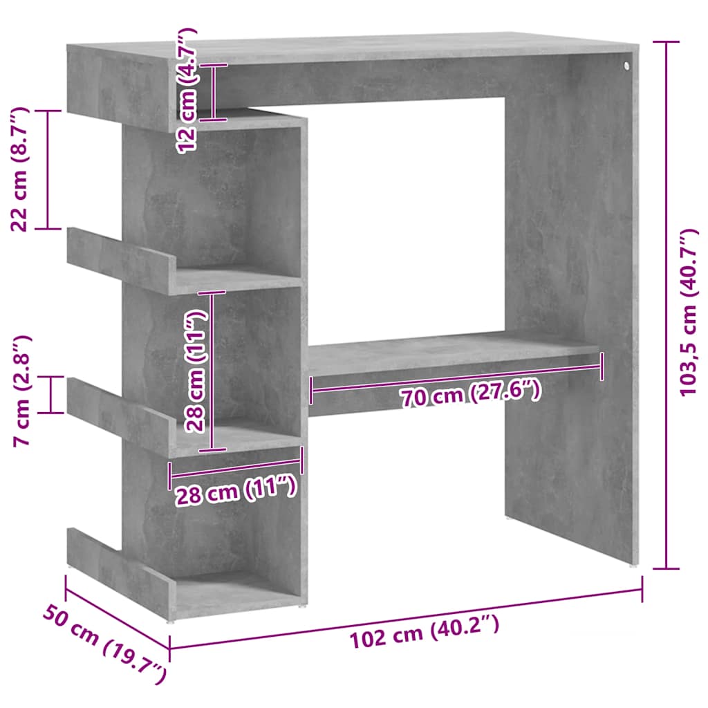 Barbord med oppbevaring betonggrå 100x50x101,5cm konstruert tre
