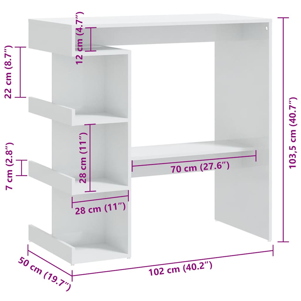 Barbord med oppbevaringsstativ høyglans hvit 100x50x101,5 cm