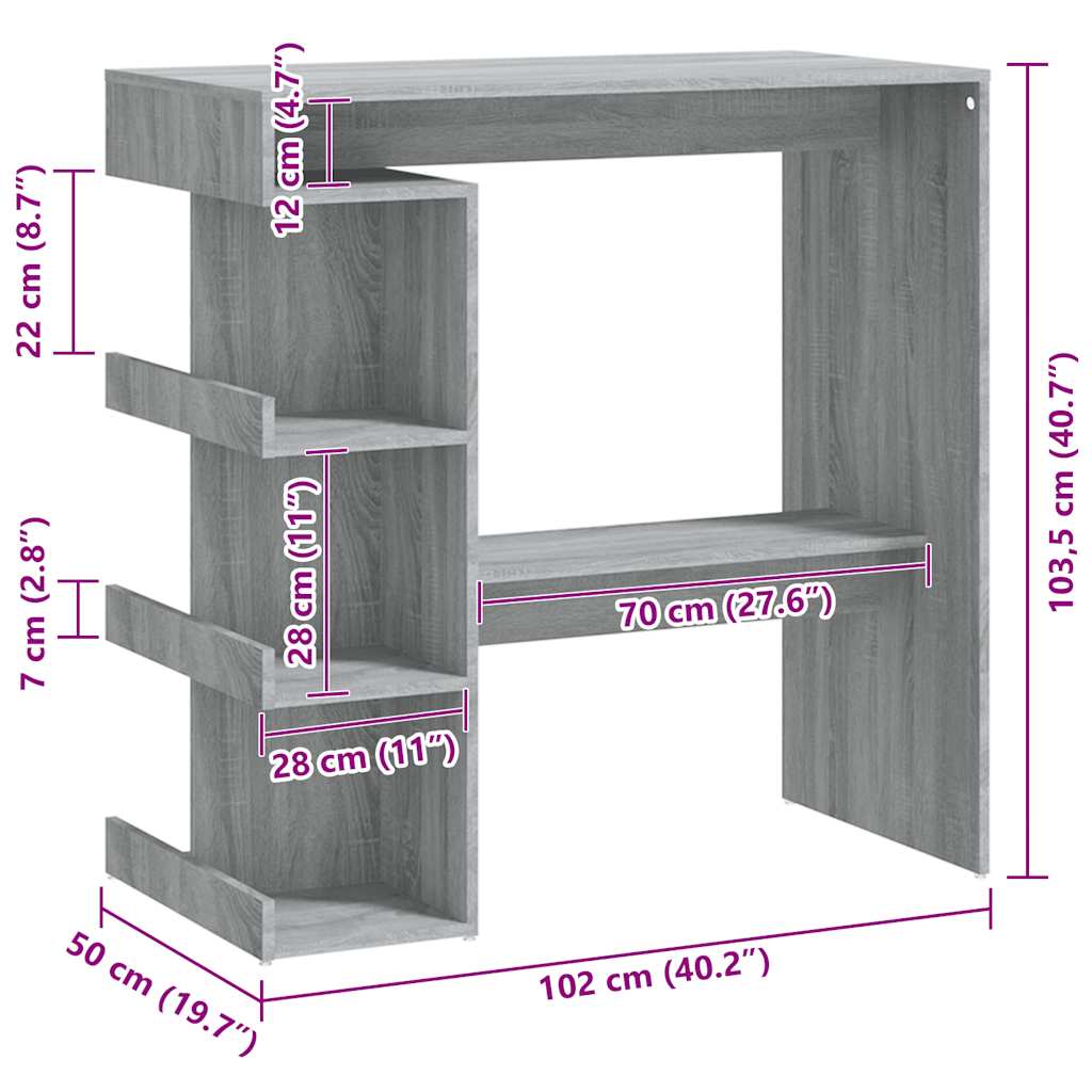 Barbord oppbevaringsstativ grå eik 100x50x101,5 cm sponplate
