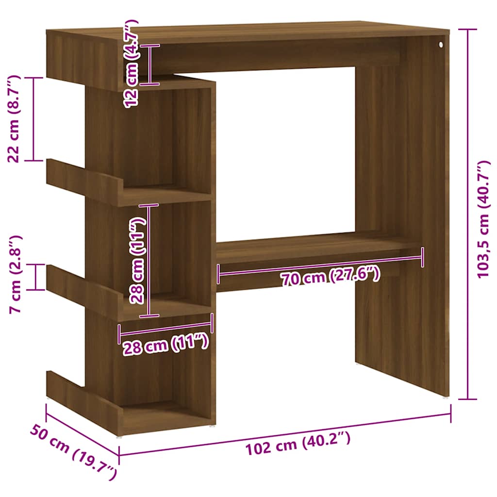 Barbord med oppbevaring brun eik 100x50x101,5 cm konstruert tre
