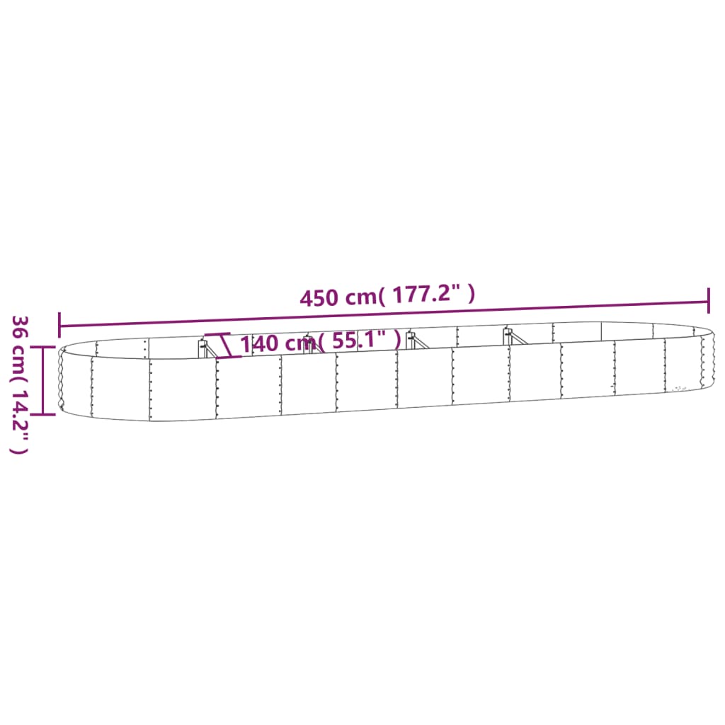 Høybed galvanisert stål 450x140x36 cm sølv