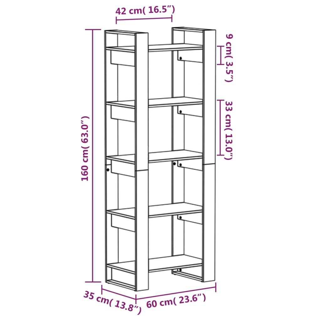 Bokhylle Svart Romdeler 60x35x160 cm heltre