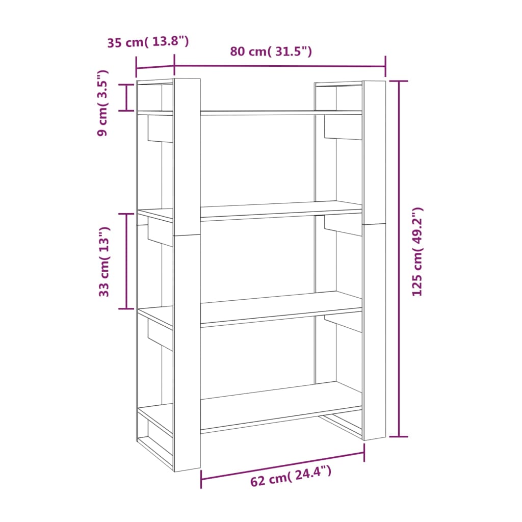 Bokhylle Svart Romdeler 80x35x125 cm heltre furu