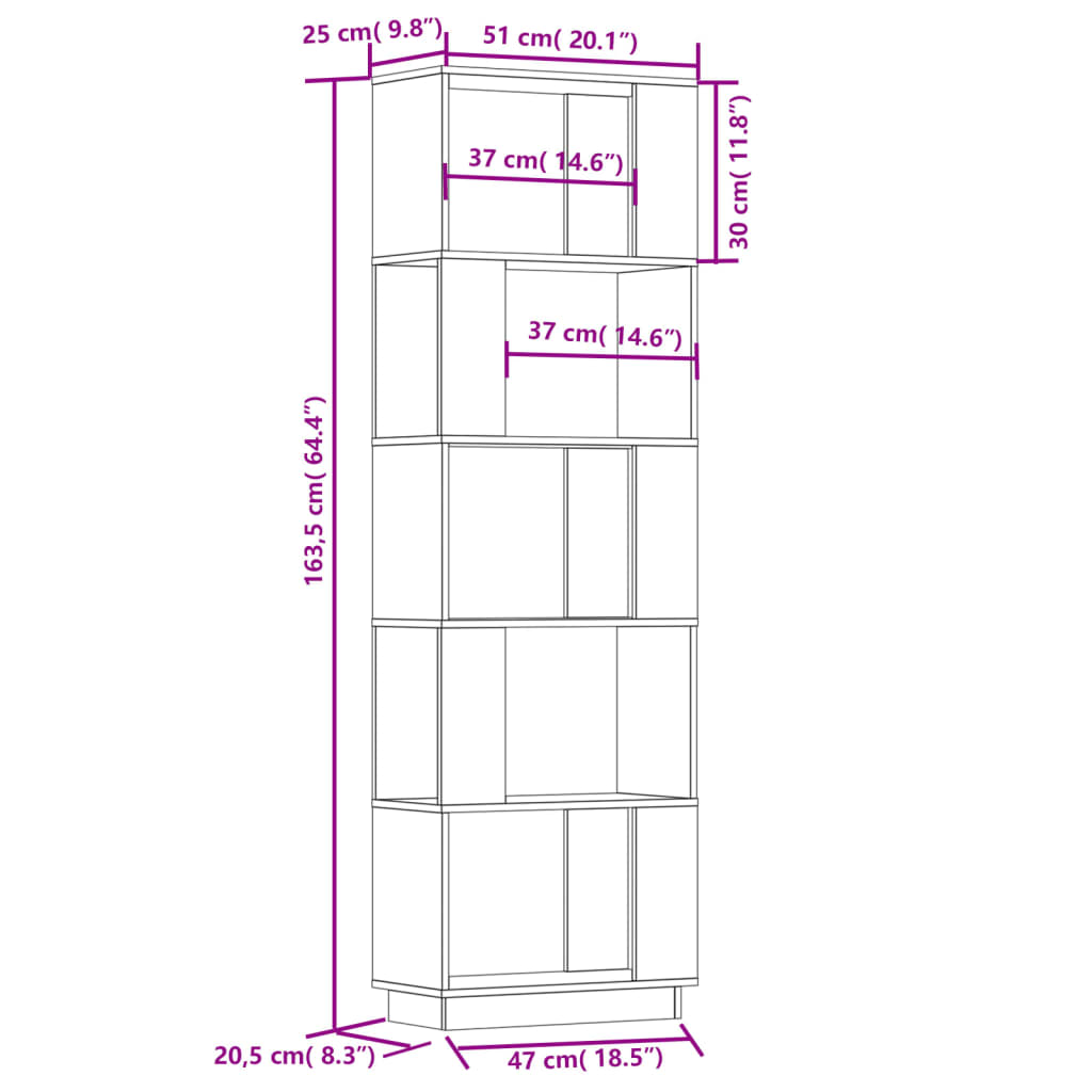 Bokhylle DIV. Romdeler 51x25x163,5 cm heltre furu