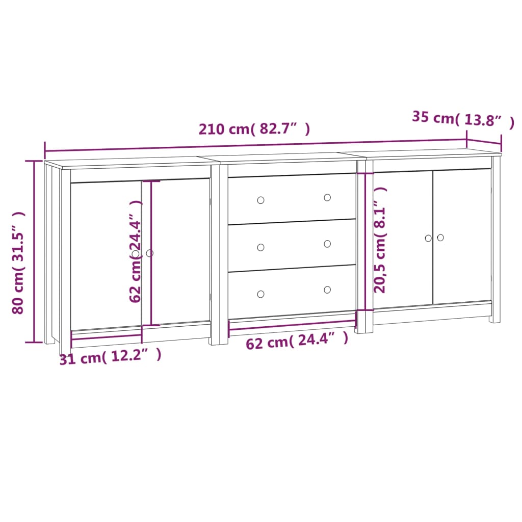 Skjenk Hvit 210x35x80 cm heltre furu