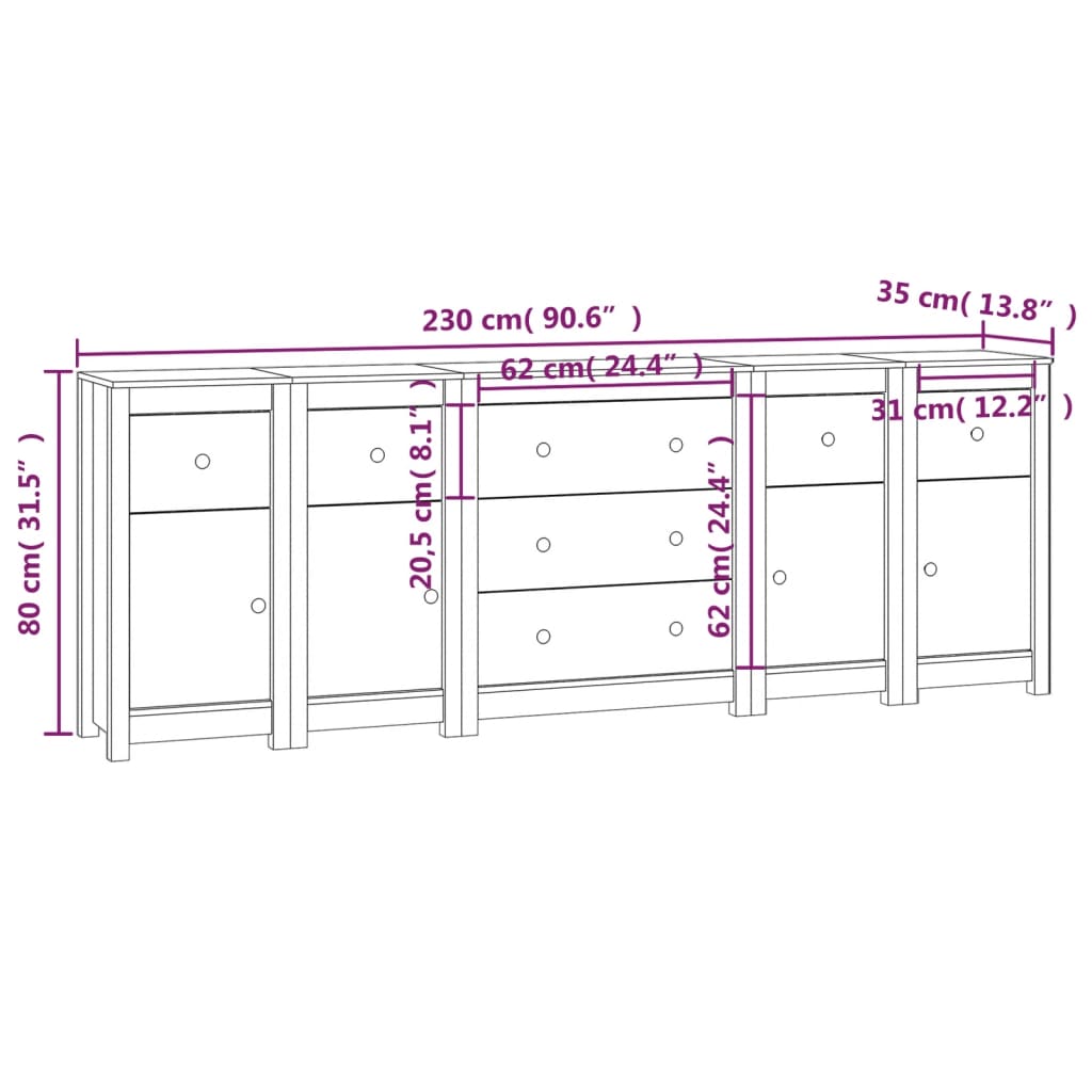 Skjenk Hvit 230x35x80 cm heltre furu