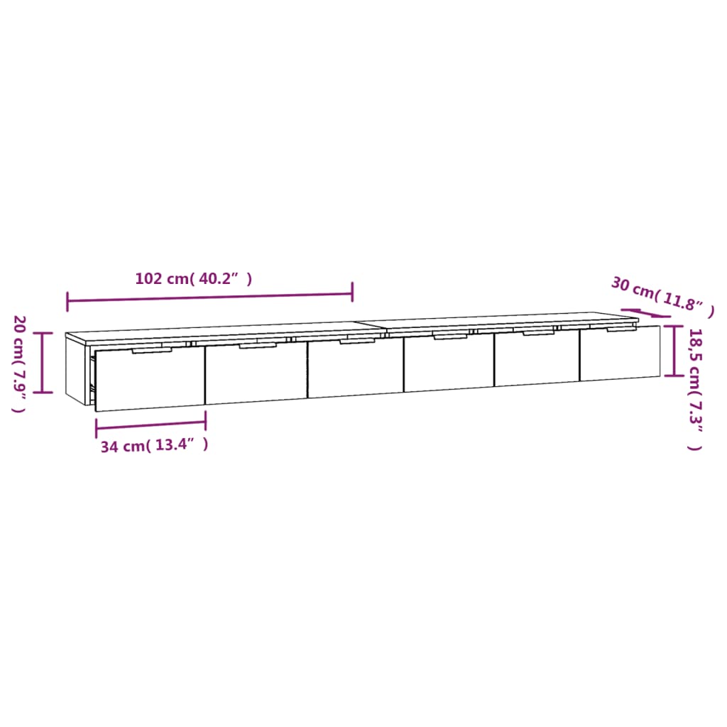 Veggskap 2 stk svart 102x30x20 cm konstruert tre