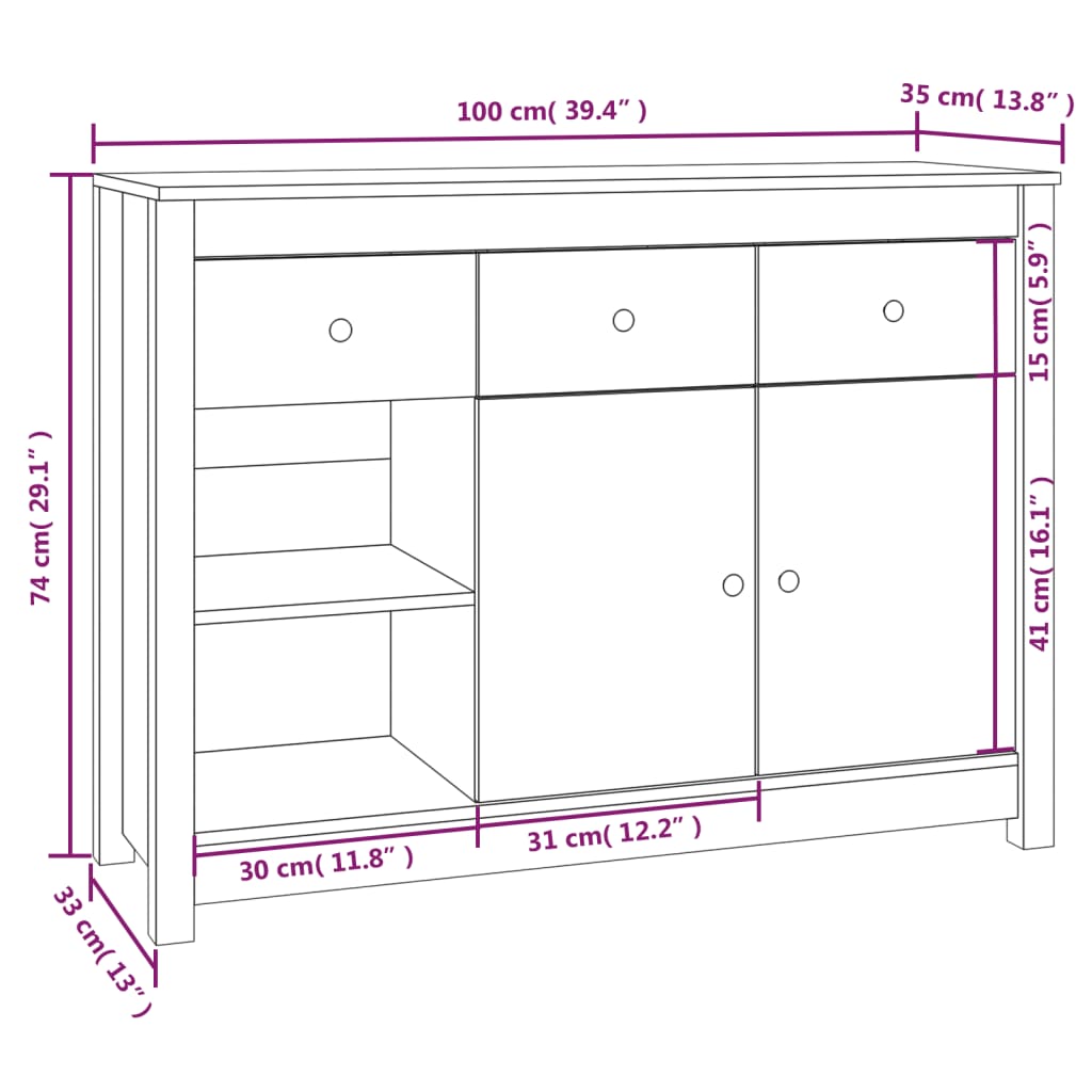 Skjenk Hvit 100x35x74 cm heltre furu