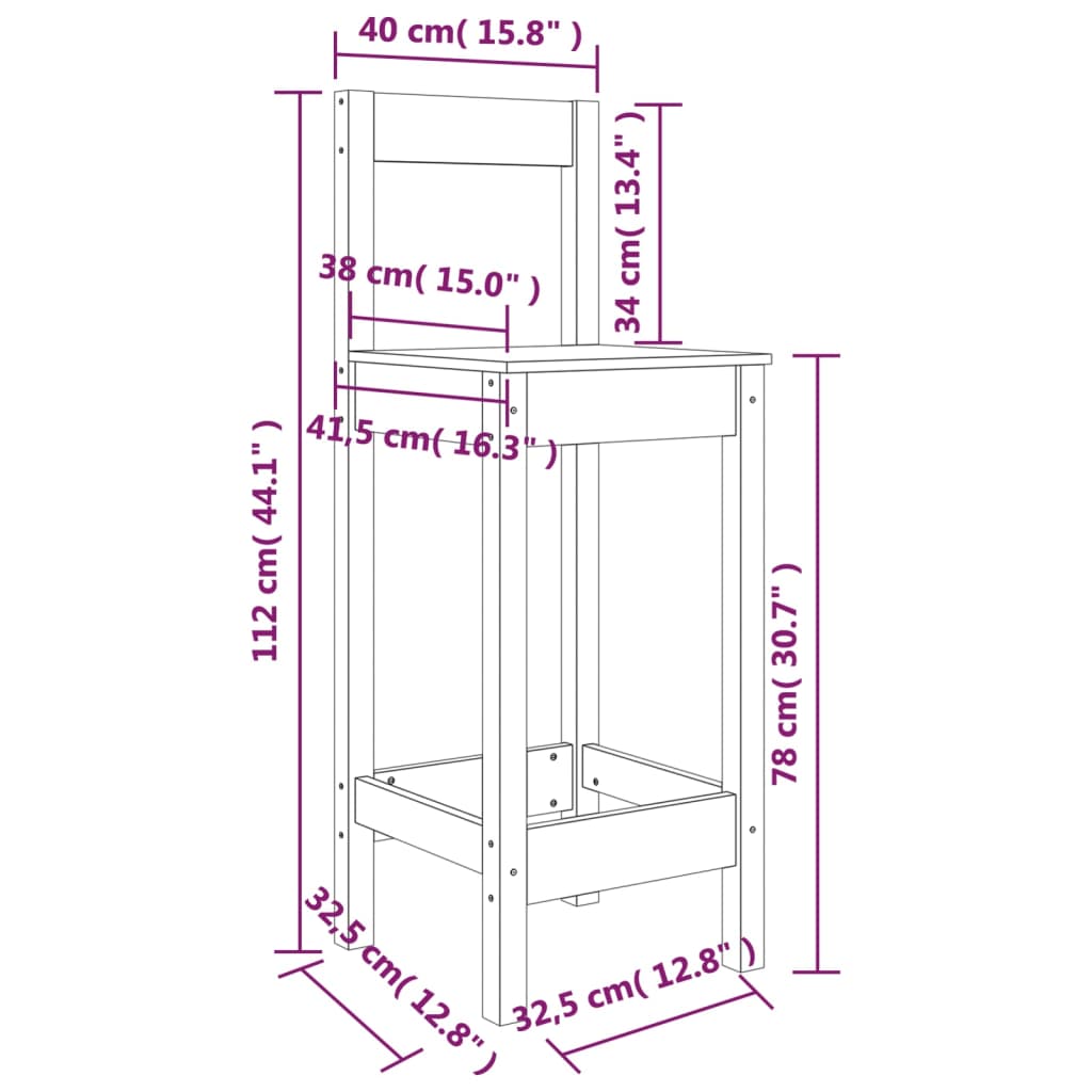 Barstoler 2 stk 40x41,5x112 cm heltre furu