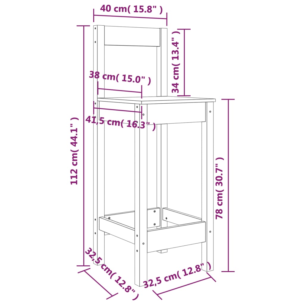 Barstoler 2 stk svart 40x41,5x112 cm heltre furu