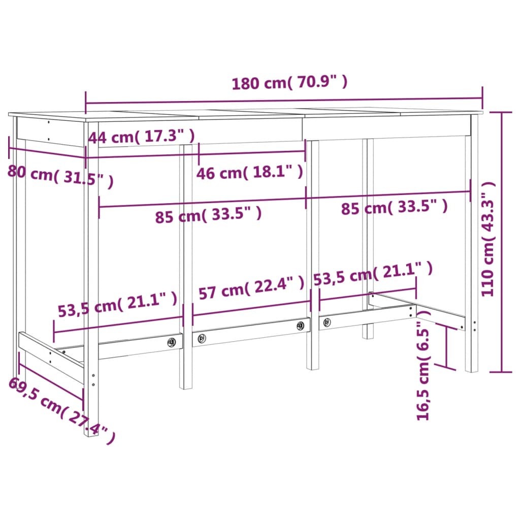 Barbord 180x80x110 cm heltre furu