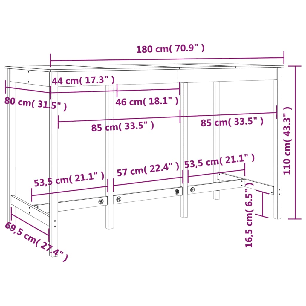 Barbord hvit 180x80x110 cm heltre furu
