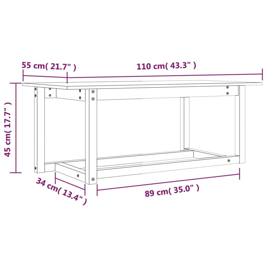 Salongbord Sofabord Hvit 110x55x45 cm heltre furu