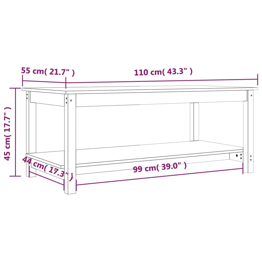 Salongbord Sofabord Hvit 110x55x45 cm heltre furu