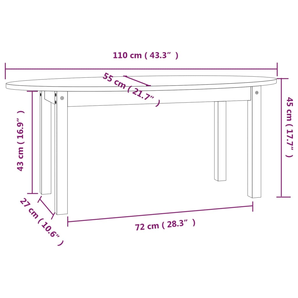 Salongbord Sofabord Hvit 110x55x45 cm heltre furu