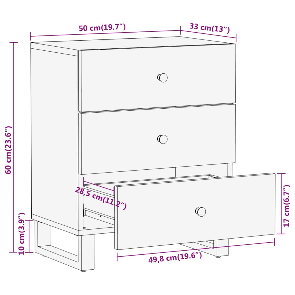 Nattbord Sengbord Tre heltre mangotre Brun og Svart 50x33x60 cm