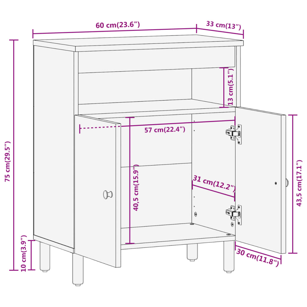 Skap heltre mango 60x33x75 cm