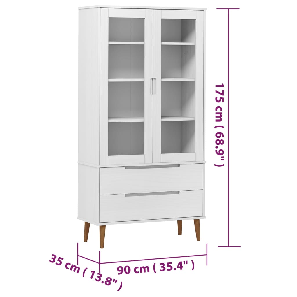 Vitrineskap MOLDE Hvit 90x35x175 cm heltre furu