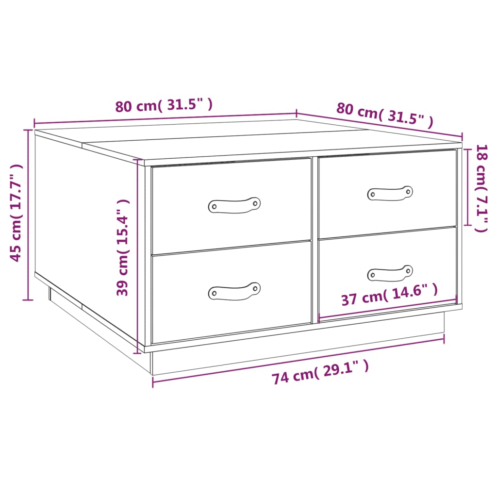 Salongbord Sofabord Hvit 80x80x45 cm heltre furu