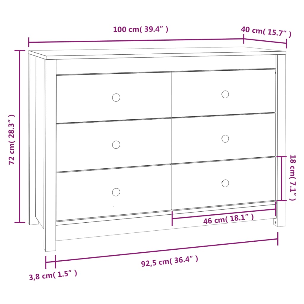 Kommode Hvit 100x40x72 cm heltre furu