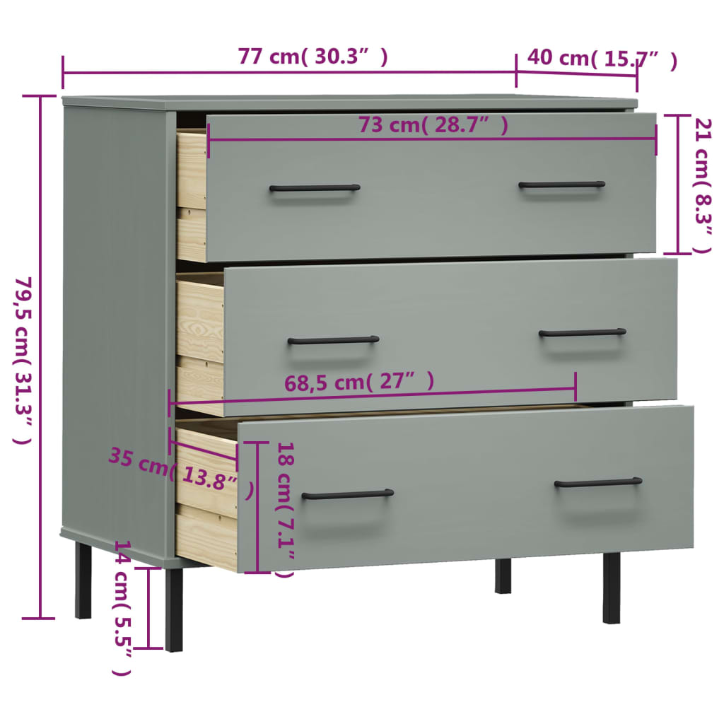 Kommode Grå med 3 skuffer Grå 77x40x79,5 cm heltre OSLO