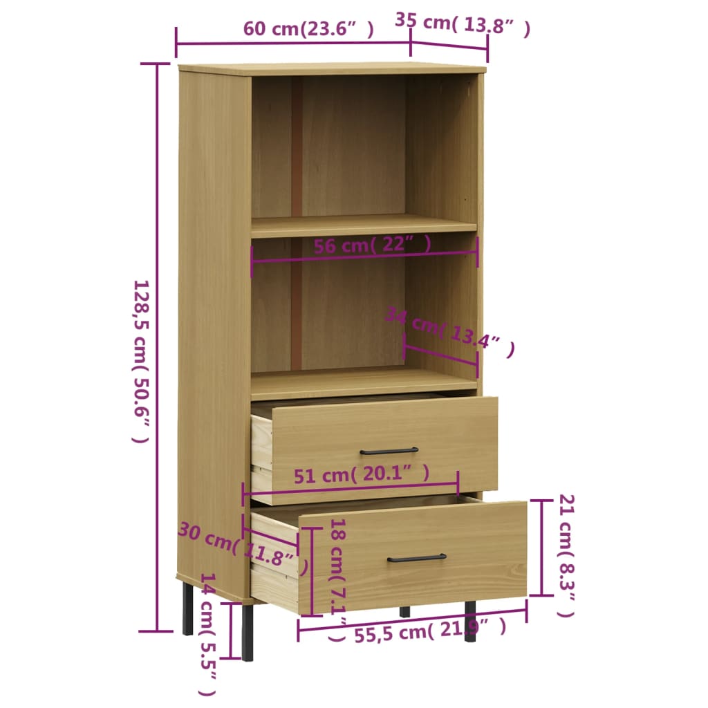 Bokhylle Brun med 2 skuffer 60x35x128,5 cm heltre OSLO
