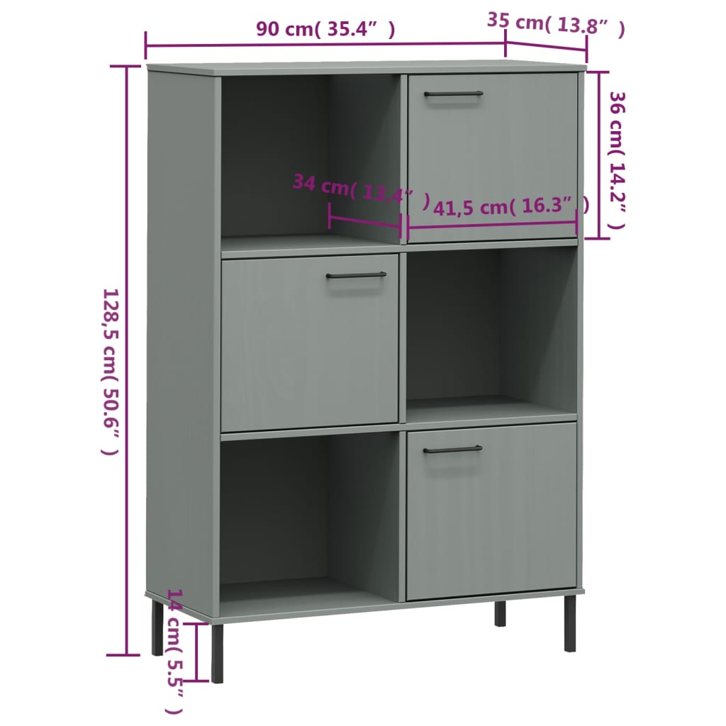 Bokhylle Grå med metallben 90x35x128,5 cm heltre OSLO