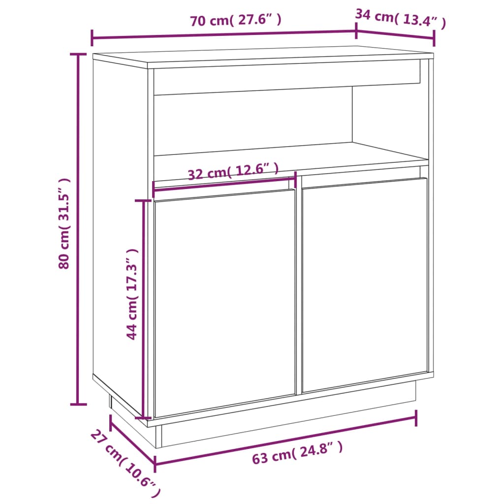 Skjenk Hvit 70x34x80 cm heltre furu