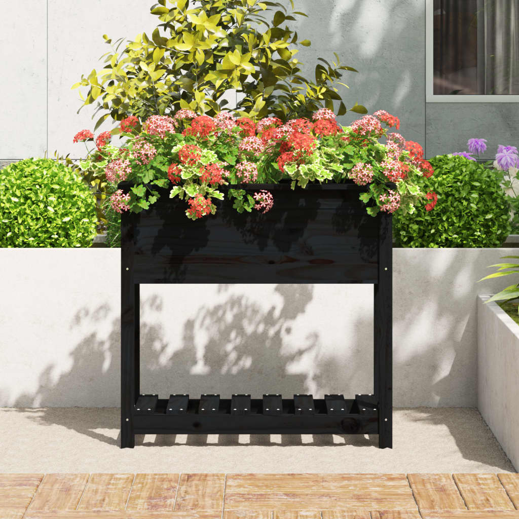 Utendørs Blomsterkasse Plantekasse Tre med hylle Svart 82,5x34,5x81 cm heltre furu